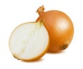 Whole and half onion isolated on white background