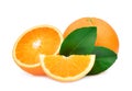 Whole and half of orange fruit with green leaves isolated on white Royalty Free Stock Photo