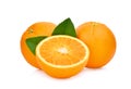 Whole and half of orange fruit with green leaves isolated Royalty Free Stock Photo