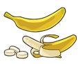 Whole, half peeled and slice banana. Vector black vintage engraving Royalty Free Stock Photo