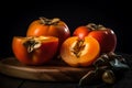 Whole and half persimmon fruit on wooden board. Generate ai