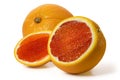 Whole, half and piece red sicilian orange on a white background. Full depth of field.