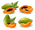 Whole and half of ripe papaya fruit with leaf.