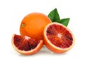 Whole and half with slice blood orange with green leaf isolated Royalty Free Stock Photo