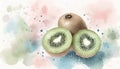 Whole and half sliced fresh kiwi fruits. Art painting card Royalty Free Stock Photo