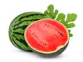 Whole and half watermelon with green leaves isolated on white Royalty Free Stock Photo