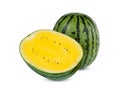 Whole and half yellow watermelon isolated on white Royalty Free Stock Photo