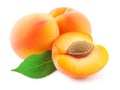 Whole and halved apricots with leaf on white