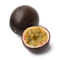 Whole and halved fresh passion fruit close up on white background Royalty Free Stock Photo
