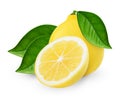 Whole and halved lemon with leaves. Clipping paths for both objects and shadows. Infinite depth of field Royalty Free Stock Photo