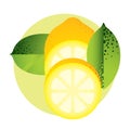Whole and halved yellow lemon with green leaves Royalty Free Stock Photo