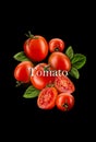 Whole and halves red tomatoes with green basil leaves and inscription tomato. Vegetables on black background. Creative Royalty Free Stock Photo