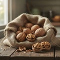 Whole and halves walnuts displayed in a burlap sack on a wooden surface. Royalty Free Stock Photo