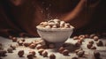 Whole hazelnuts in a white bowl with salt