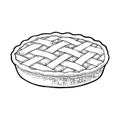 Whole homemade apple pie. Vector black vintage engraving Royalty Free Stock Photo