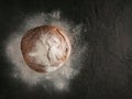 Whole homemade rye bread top view copyspace