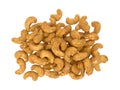 Whole honey roasted cashews on a white background