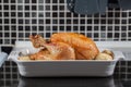 Whole hot oven cooked roast chicken. Prepared sunday dinner meal Royalty Free Stock Photo