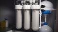 Whole house rainwater filter system. Osmosis deionization system. Water treatment Appliances, ultrafiltration background. Home