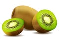 Whole juicy kiwi and half green kiwi, kiwi cut with shadow on white background vector realistic Royalty Free Stock Photo