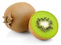 Whole kiwi fruit and half kiwi fruit on white