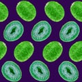 Whole kiwifruit and cut slices, green neon color palette on dark blue background