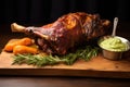 whole lamb shank with garlic and rosemary spread on a wooden board