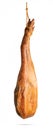 Whole leg of Spanish Iberian serrano ham hanging on a rope. Royalty Free Stock Photo