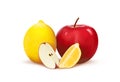 a whole lemon and a whole red apple with lemon and apple slices on a white background.