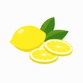Whole lemon and slices of lemon, gleen leaves vector illustration in flat design isolated on white background.