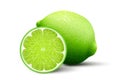 A whole lime and half a lime. Green lemon, realistic 3d vector illustration, isolated on white background Royalty Free Stock Photo