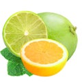 Whole lime and sliced lemon and lime with mint iisolated on whit Royalty Free Stock Photo