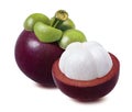 Whole mangosteen and piece cut in half isolated on white background