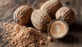 Whole nutmeg and ground spice on wooden surface in a rustic kitchen setting Royalty Free Stock Photo