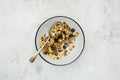 Whole oats breakfast, granola with dried fruit and blueberry, milk and honey. Healthy food, clean eating. Copy space Royalty Free Stock Photo