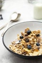 Whole oats breakfast, granola with dried fruit and blueberry, milk and honey. Healthy food, clean eating. Copy space Royalty Free Stock Photo