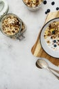 Whole oats breakfast, granola with dried fruit and blueberry, milk and honey. Healthy food, clean eating. Copy space Royalty Free Stock Photo