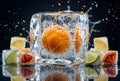 Whole orange fruit frozen inside large transparent ice cube with water splash and frozen citrus slices on black surface Royalty Free Stock Photo