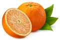 Whole orange fruit with half an orange