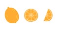 Whole orange, orange slice and orange wedge in flat style. Royalty Free Stock Photo