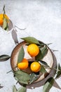 Whole oranges witl orange tree leaves in gray plate. on white background top view, flat lay, summer and healthy concept. Royalty Free Stock Photo