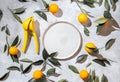 Whole oranges witl orange tree leaves and juicer on white background around empty plate. top view, flat lay, summer and Royalty Free Stock Photo