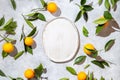 Whole oranges witl orange tree leaves on white background around empty plate. top view, flat lay, summer and healthy Royalty Free Stock Photo