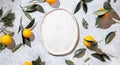 Whole oranges witl orange tree leaves on white background around empty plate. top view, flat lay, summer and healthy Royalty Free Stock Photo