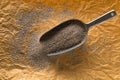 Whole, organic white chia seeds heap in metal scoop on brown packing paper background flat lay top view from above