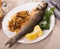 Oven baked sea bass fish Royalty Free Stock Photo