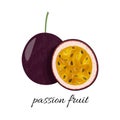 Whole passion fruit with slice isolated on white background. Fresh fruit vector illustration. Royalty Free Stock Photo