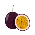 Whole passion fruit with slice isolated on white background. Fresh fruit vector illustration. Royalty Free Stock Photo