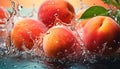 whole fresh peaches with splashes and water drops on dark background