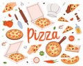 Whole and pieces italian pizza. Restaurant cafe menu. Traditional italian fast food. Vector illustration.